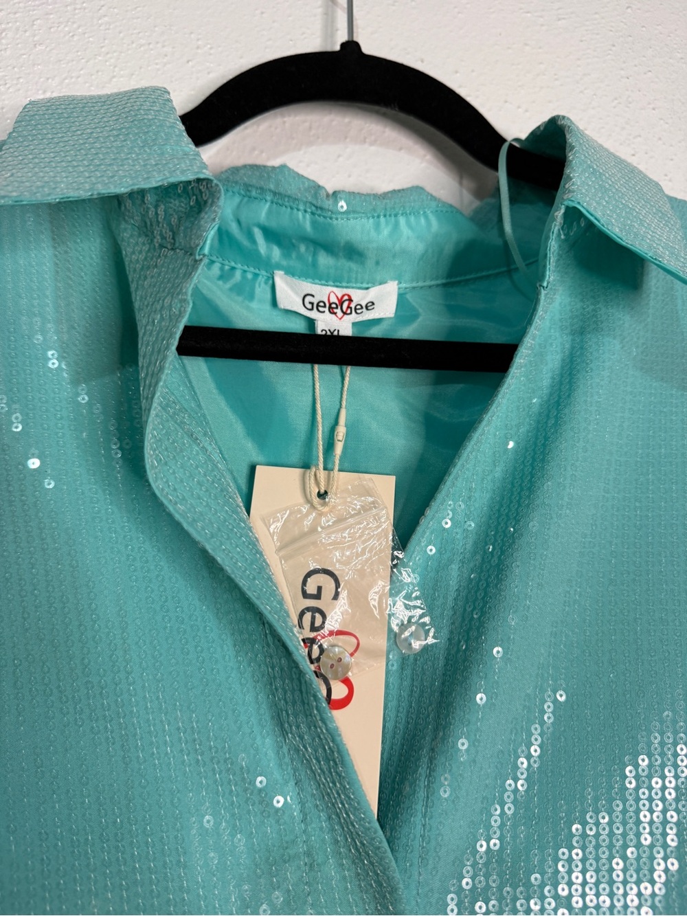 GeeGee Teal Sequin Button-Front Women's Top. Sz 2XL. NWT. - Picture 2 of 11